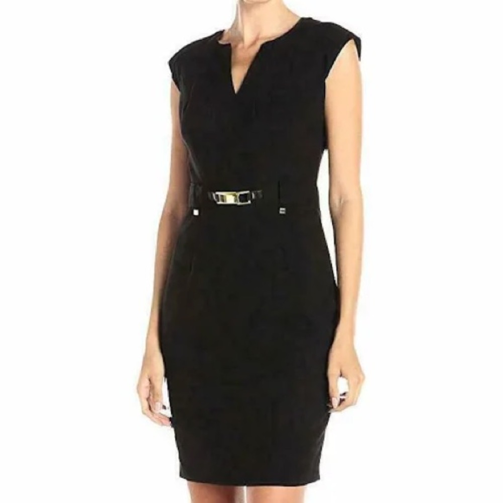 Calvin Klein Size 6 Structured Fit Sheath Little Black Dress Office Classic Gold